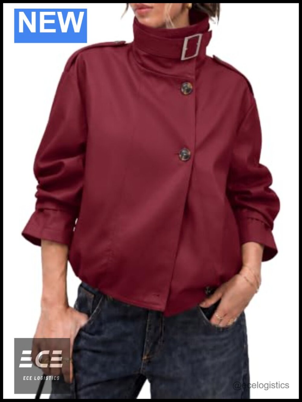 Funnel Neck Cropped Trench Coat 100% Polyester